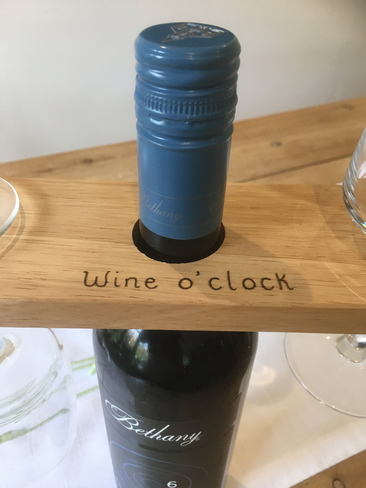 Personalised wooden wine and glass holder