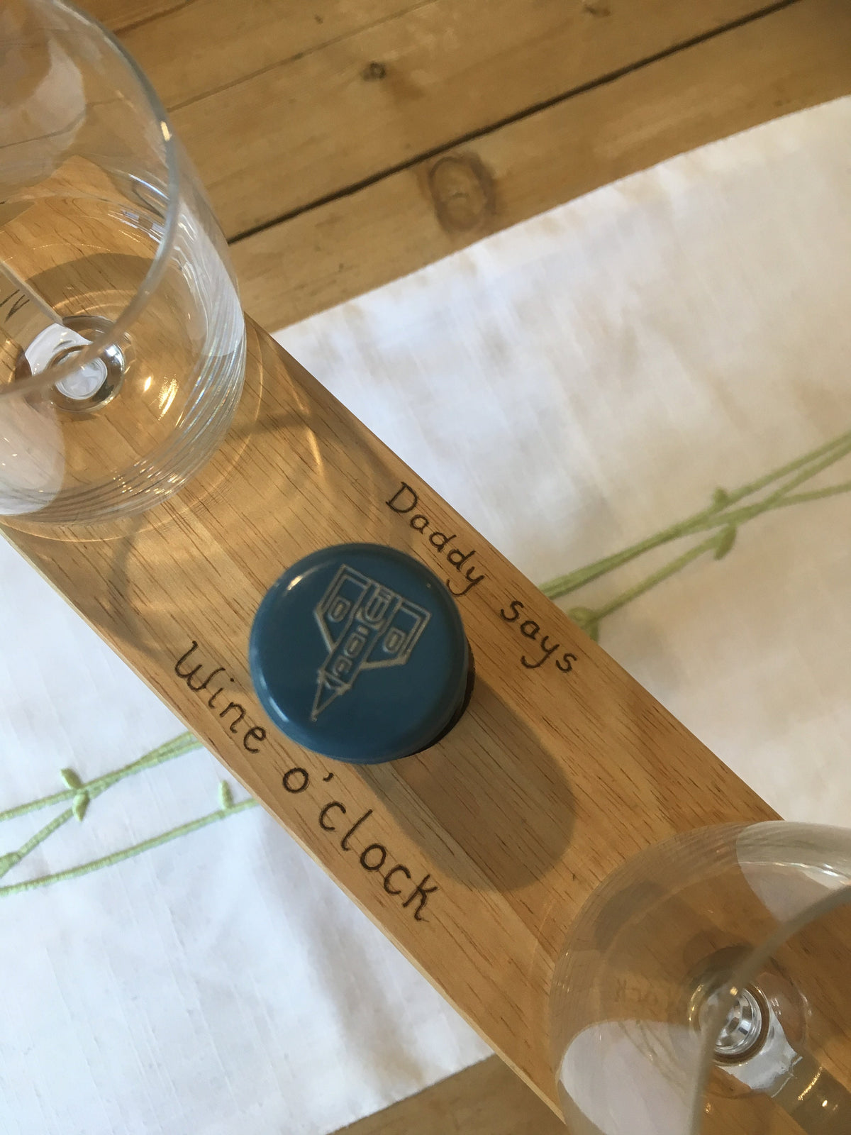 Personalised wooden wine and glass holder