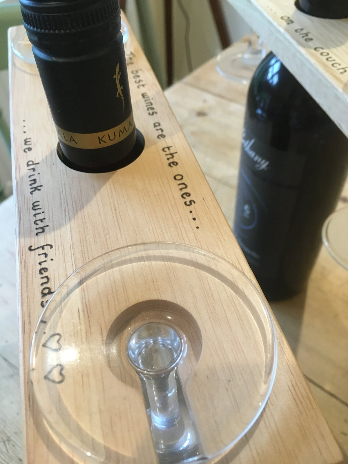 Personalised wooden wine and glass holder