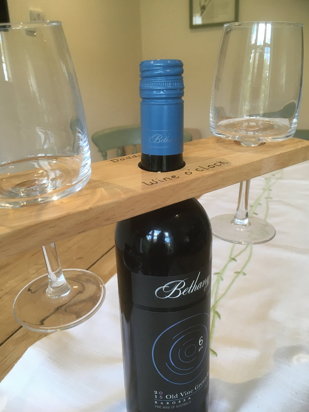 Personalised wooden wine and glass holder